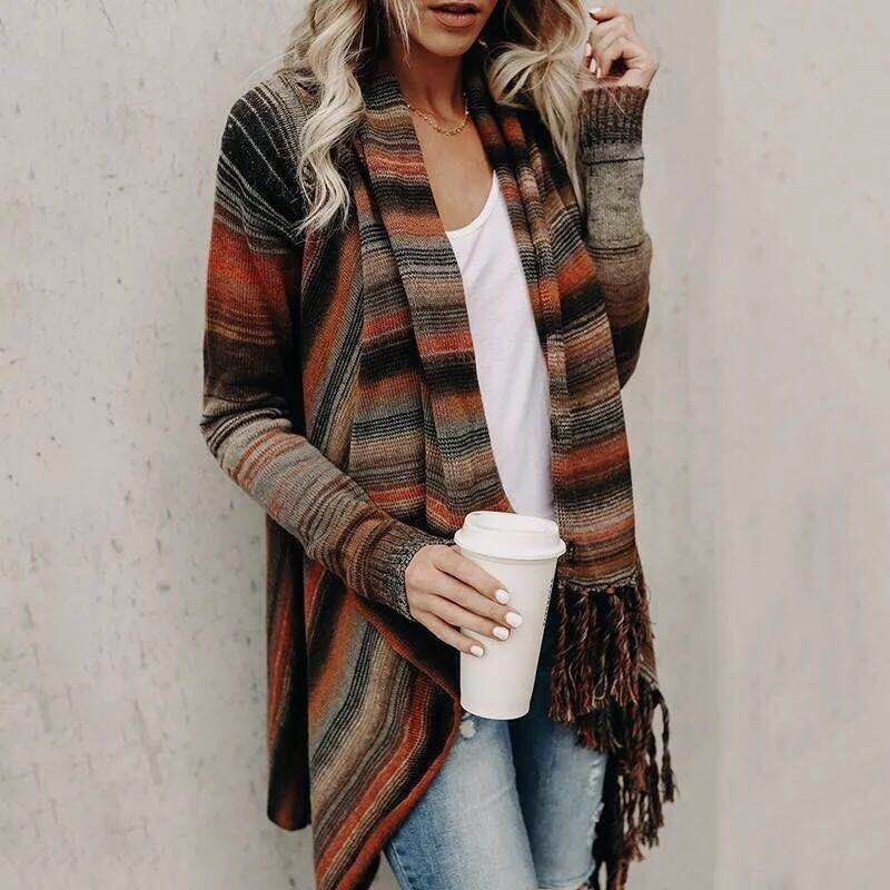 Medium Length Slim Fringe Striped Sweater Coat