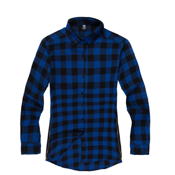 Men Fashion Urban Plaid Side Zipper Button Shirt