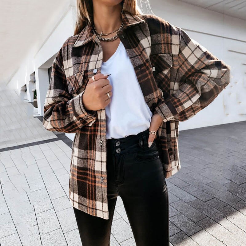 Long Plaid Women Coat Overshirt Winter Checkered Jacket