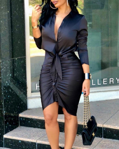 Women Lace-up Solid Color Long Sleeve Elegant Bow Tie Dress