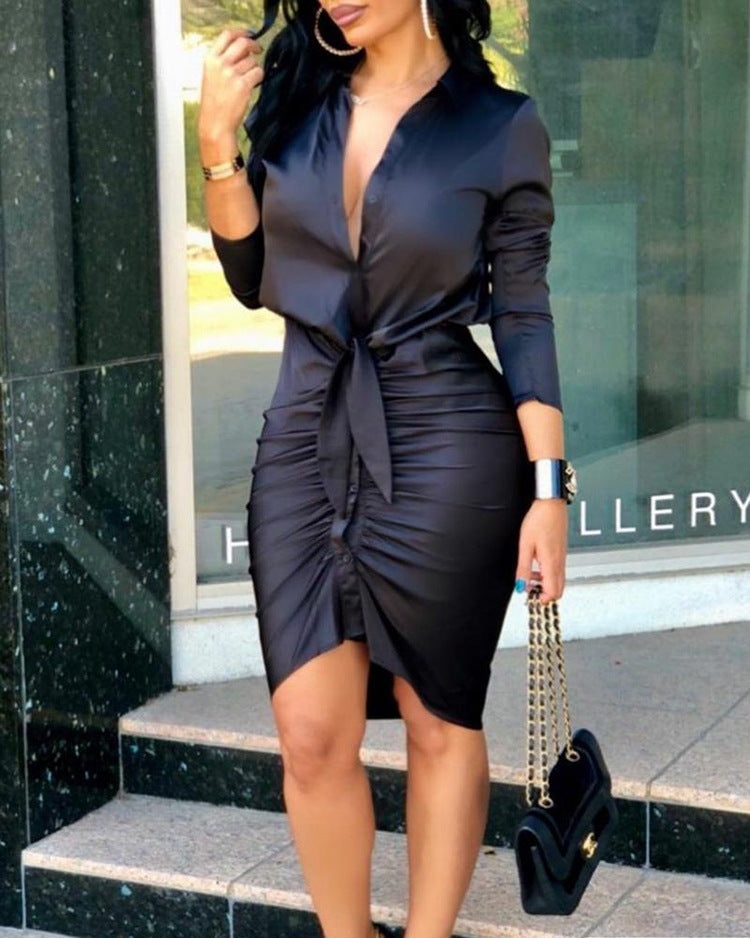 Women Lace-up Solid Color Long Sleeve Elegant Bow Tie Dress