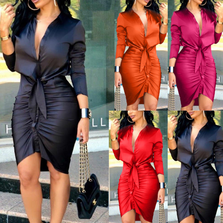 Women Lace-up Solid Color Long Sleeve Elegant Bow Tie Dress