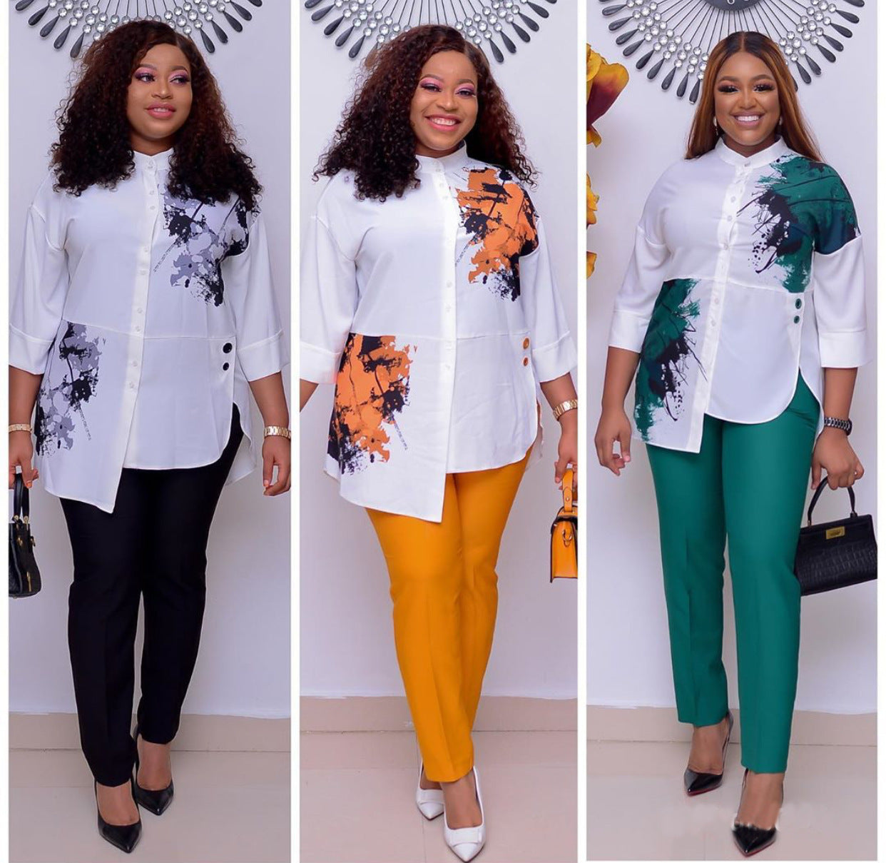 Women Fashion Printed Style Suits Print Shirt  and Pants Set