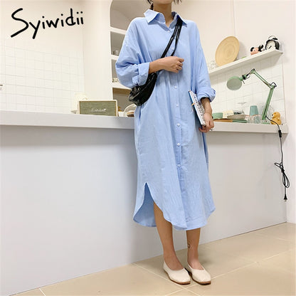 Women Long Oversized Loose Cotton Shirt Dress