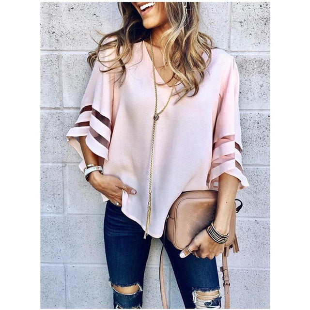 Women Casual Loose V Neck Chiffon Blouse