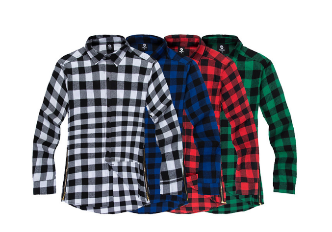 Men Fashion Urban Plaid Side Zipper Button Shirt