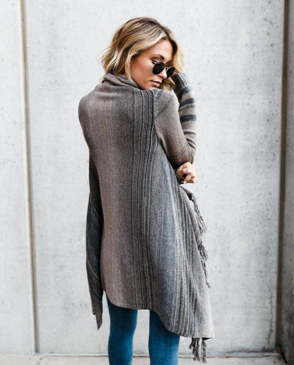 Medium Length Slim Fringe Striped Sweater Coat