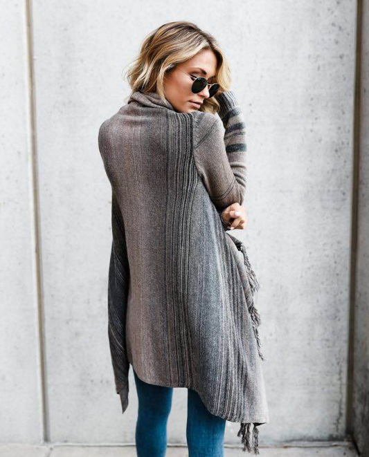 Medium Length Slim Fringe Striped Sweater Coat