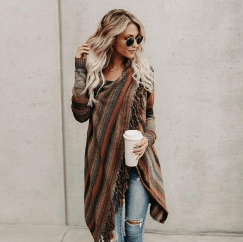 Medium Length Slim Fringe Striped Sweater Coat