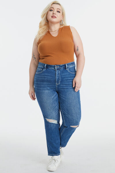 High Waist Distressed Washed Cropped Mom Jeans