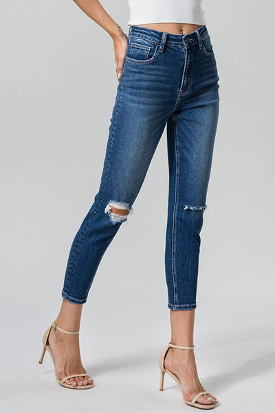 High Waist Distressed Washed Cropped Mom Jeans