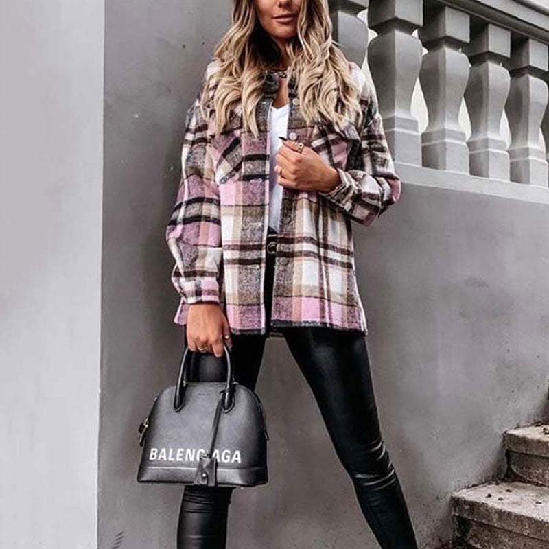 Long Plaid Women Coat Overshirt Winter Checkered Jacket