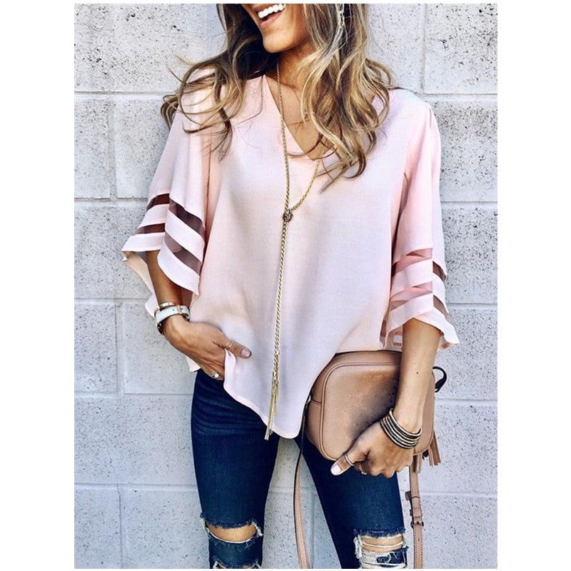 Women Casual Loose V Neck Chiffon Blouse