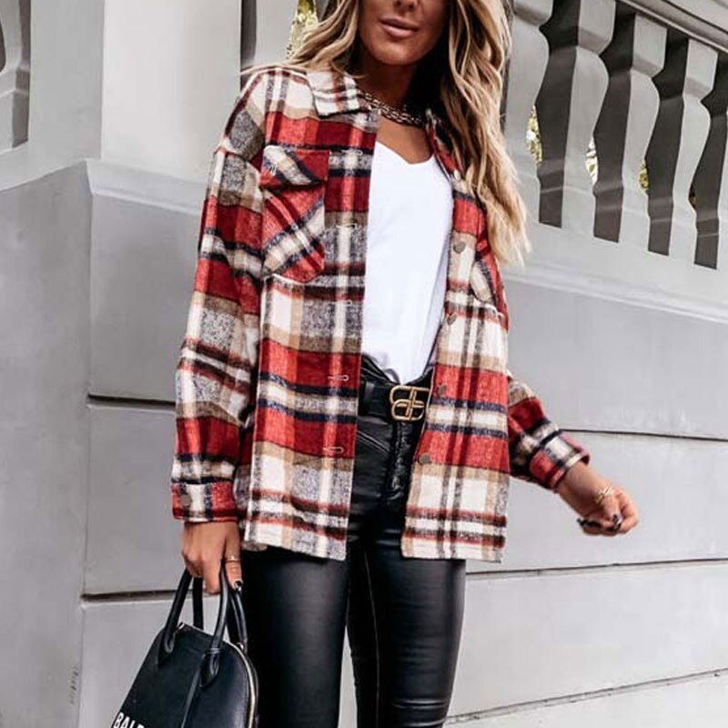Long Plaid Women Coat Overshirt Winter Checkered Jacket