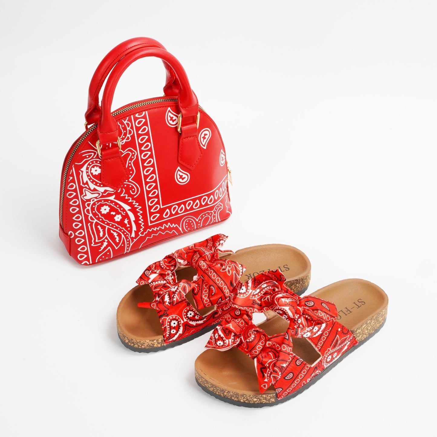 Women Printed Sandals With Handbag Set