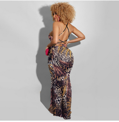 Women Feather Printed Backless Tunic Dress