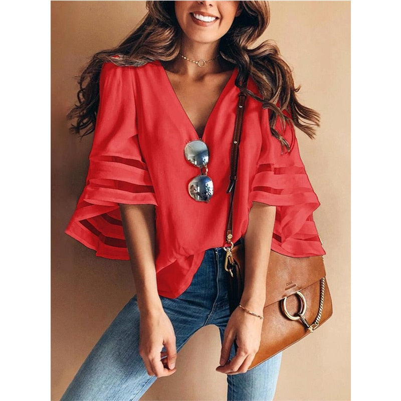 Women Casual Loose V Neck Chiffon Blouse