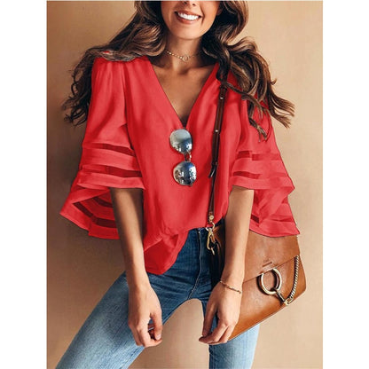 Women Casual Loose V Neck Chiffon Blouse