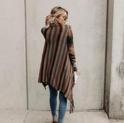 Medium Length Slim Fringe Striped Sweater Coat