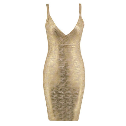 New Women Sleeveless V Neck Bandage Sexy Bodycon Bronzing Dress