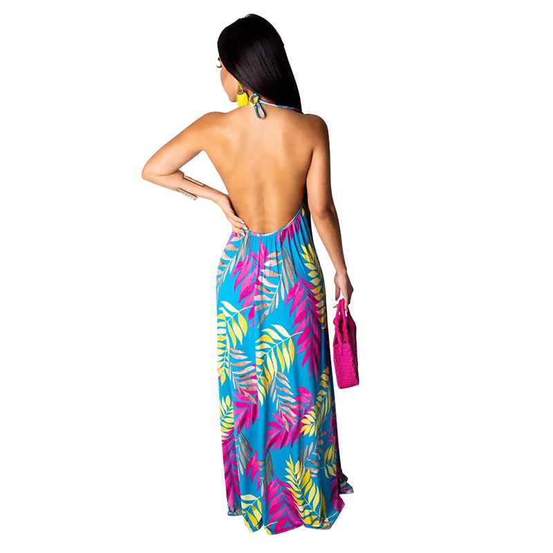 Women Backless Long Beach Casual Sleeveless Maxi Dress With Headscarf