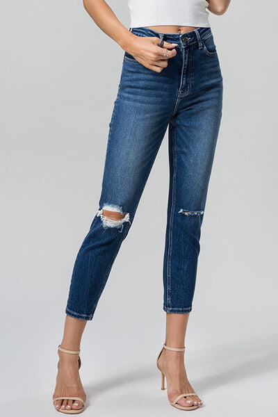 High Waist Distressed Washed Cropped Mom Jeans