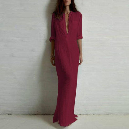 Women Sexy Casual Shirt Dress Long Sleeve Deep V Neck Split Solid Long Maxi Dress
