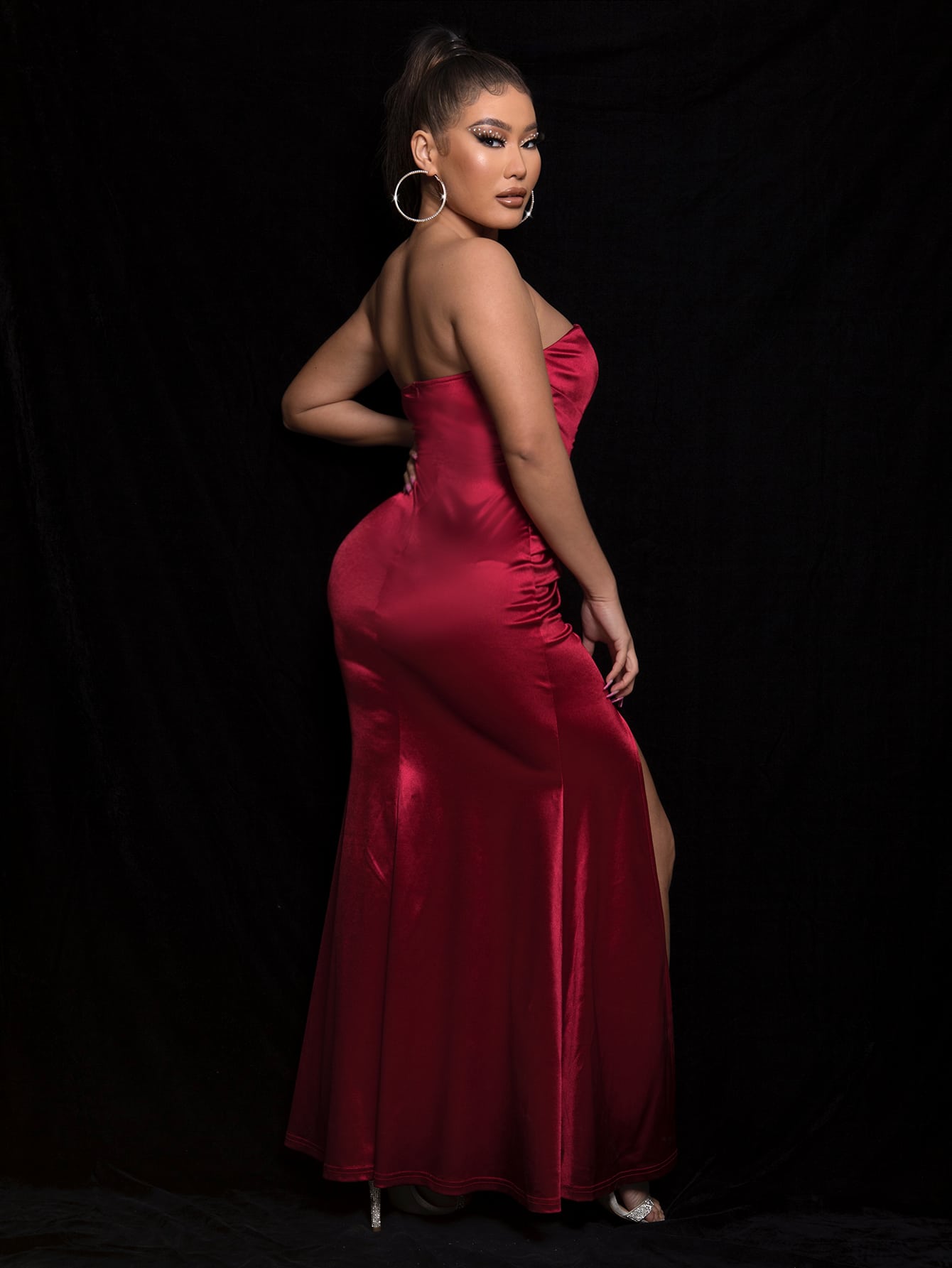 Strapless Ruched Split Maxi Dress