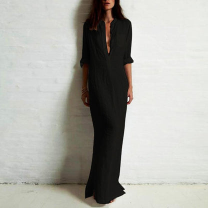 Women Sexy Casual Shirt Dress Long Sleeve Deep V Neck Split Solid Long Maxi Dress