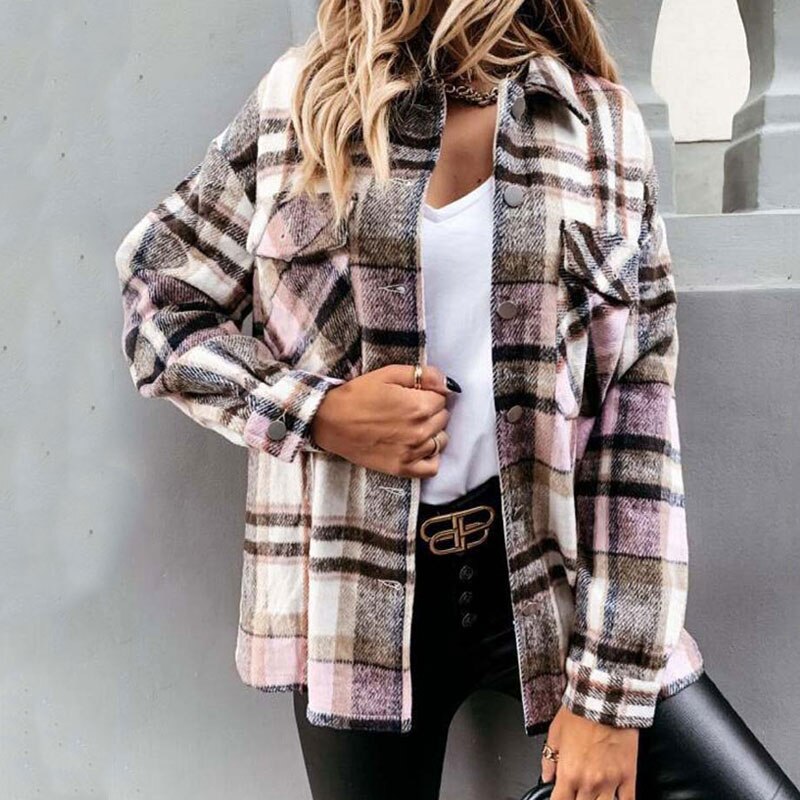 Long Plaid Women Coat Overshirt Winter Checkered Jacket