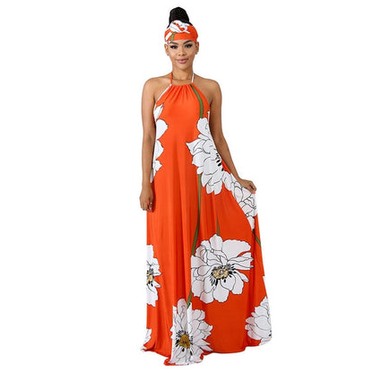 Women Backless Long Beach Casual Sleeveless Maxi Dress With Headscarf