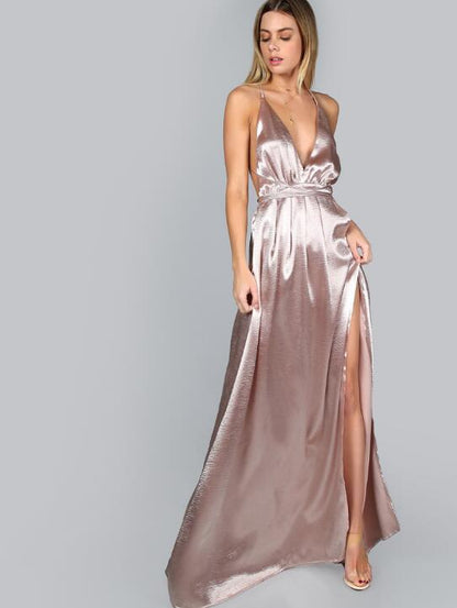 Women Pink Plunge Neck Sexy Cross Back Wrap High Slit Summer Dresses