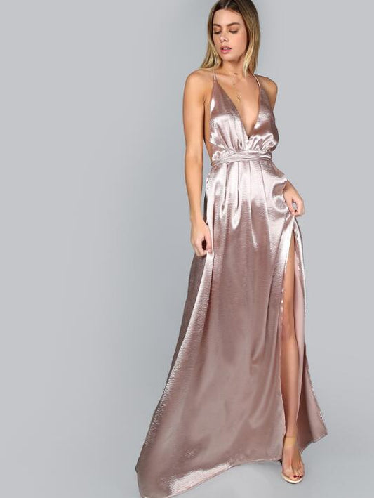 Women Pink Plunge Neck Sexy Cross Back Wrap High Slit Summer Dresses