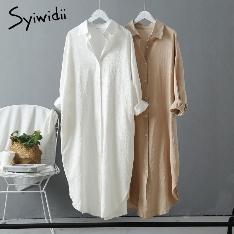 Women Long Oversized Loose Cotton Shirt Dress