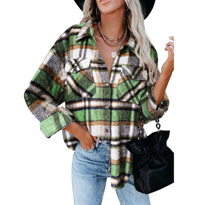 Long Plaid Women Coat Overshirt Winter Checkered Jacket