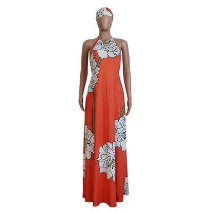 Women Backless Long Beach Casual Sleeveless Maxi Dress With Headscarf
