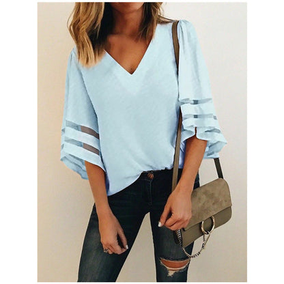 Women Casual Loose V Neck Chiffon Blouse