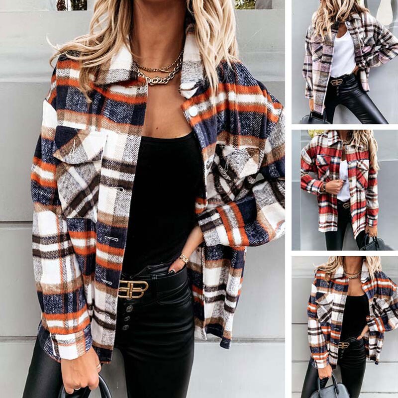 Long Plaid Women Coat Overshirt Winter Checkered Jacket
