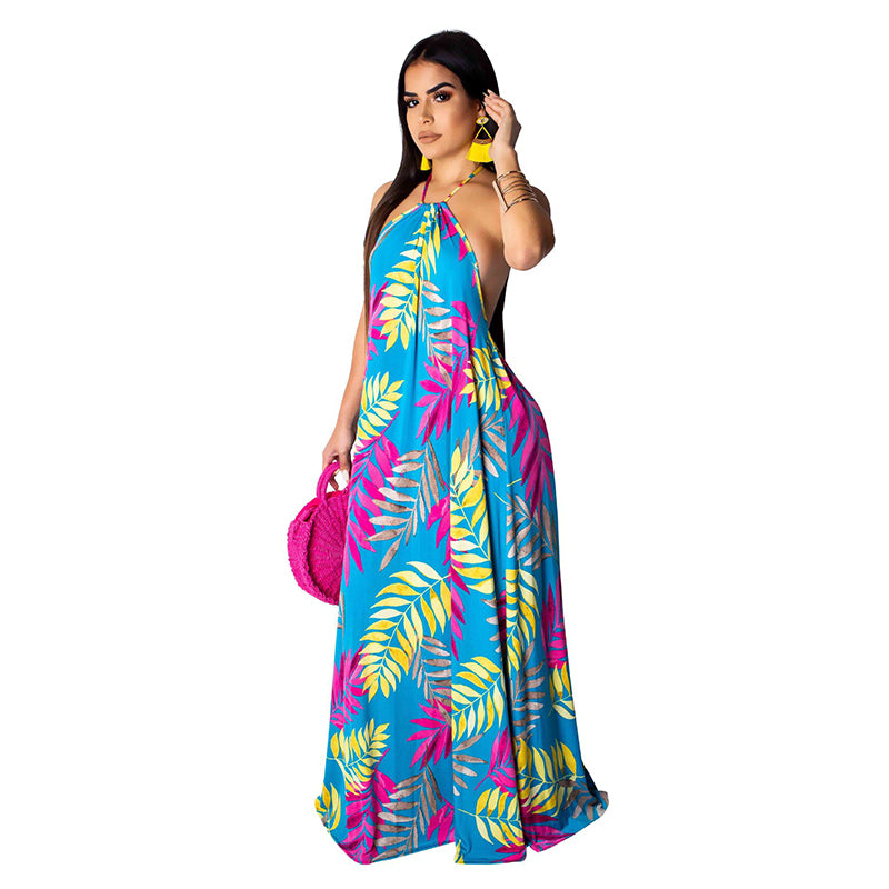 Women Backless Long Beach Casual Sleeveless Maxi Dress With Headscarf