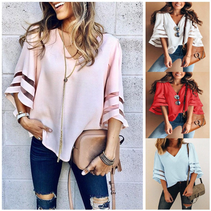 Women Casual Loose V Neck Chiffon Blouse