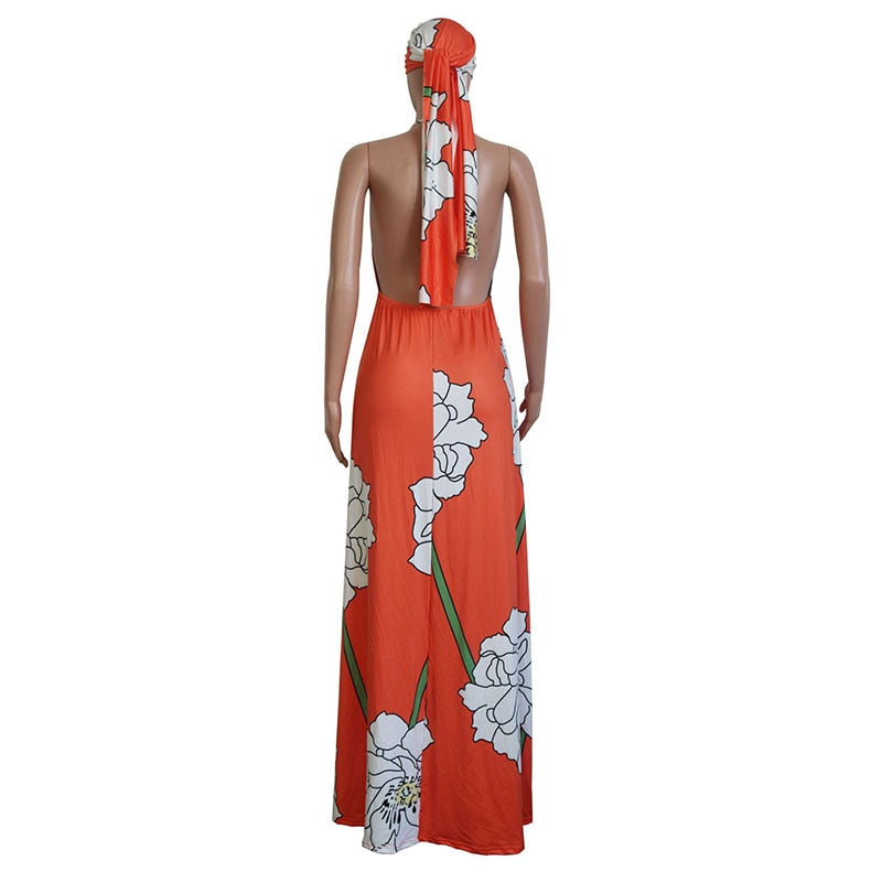 Women Backless Long Beach Casual Sleeveless Maxi Dress With Headscarf