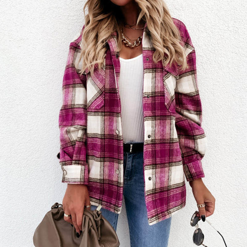 Long Plaid Women Coat Overshirt Winter Checkered Jacket