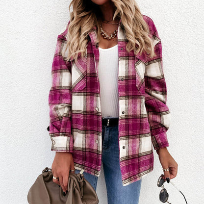 Long Plaid Women Coat Overshirt Winter Checkered Jacket