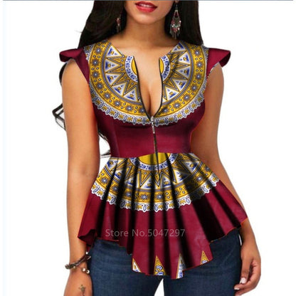 Women Fashion African V-neck Print Plus Size Top
