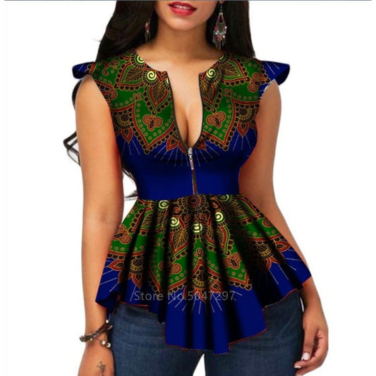 Women Fashion African V-neck Print Plus Size Top
