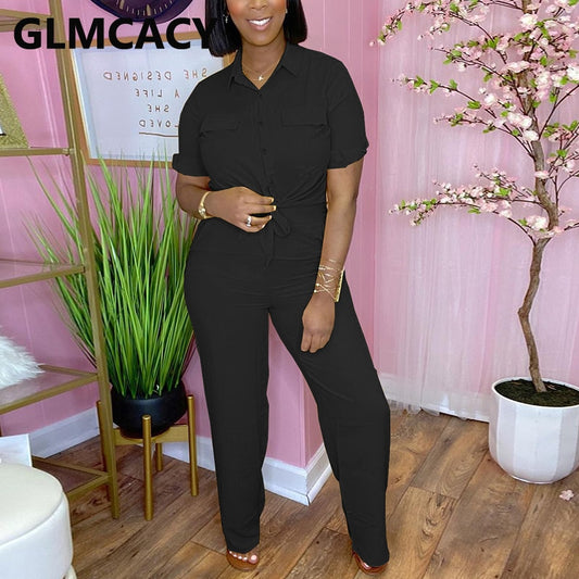 Two Piece Casual Suits Solid Button Down Shirt Top &amp; Slim Pant Set