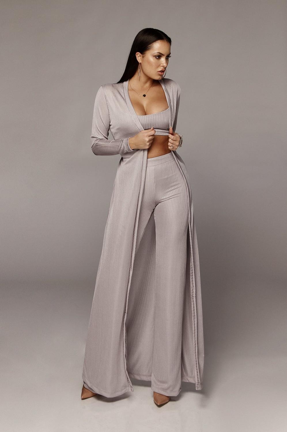 Women Bandage Long Sleeve Cardigan Loose Wide Leg 3 Piece Pant Set