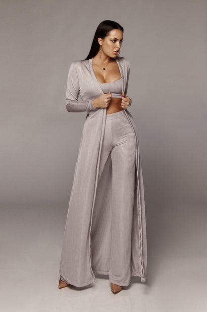 Women Bandage Long Sleeve Cardigan Loose Wide Leg 3 Piece Pant Set