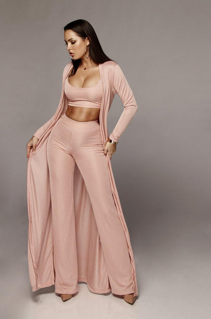Women Bandage Long Sleeve Cardigan Loose Wide Leg 3 Piece Pant Set