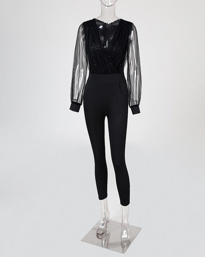 Women Sheer Mesh Glitter Long Sleeve V Neck Jumpsuit